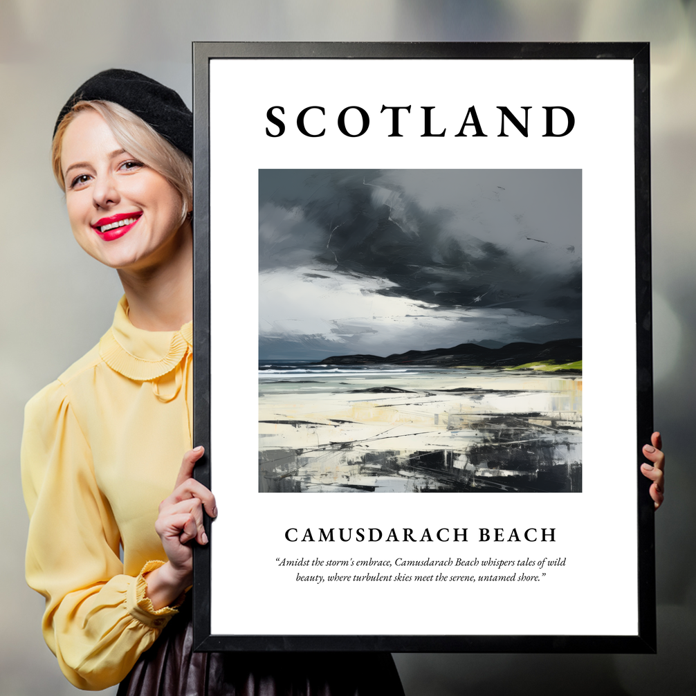 Person holding a poster of Camusdarach Beach