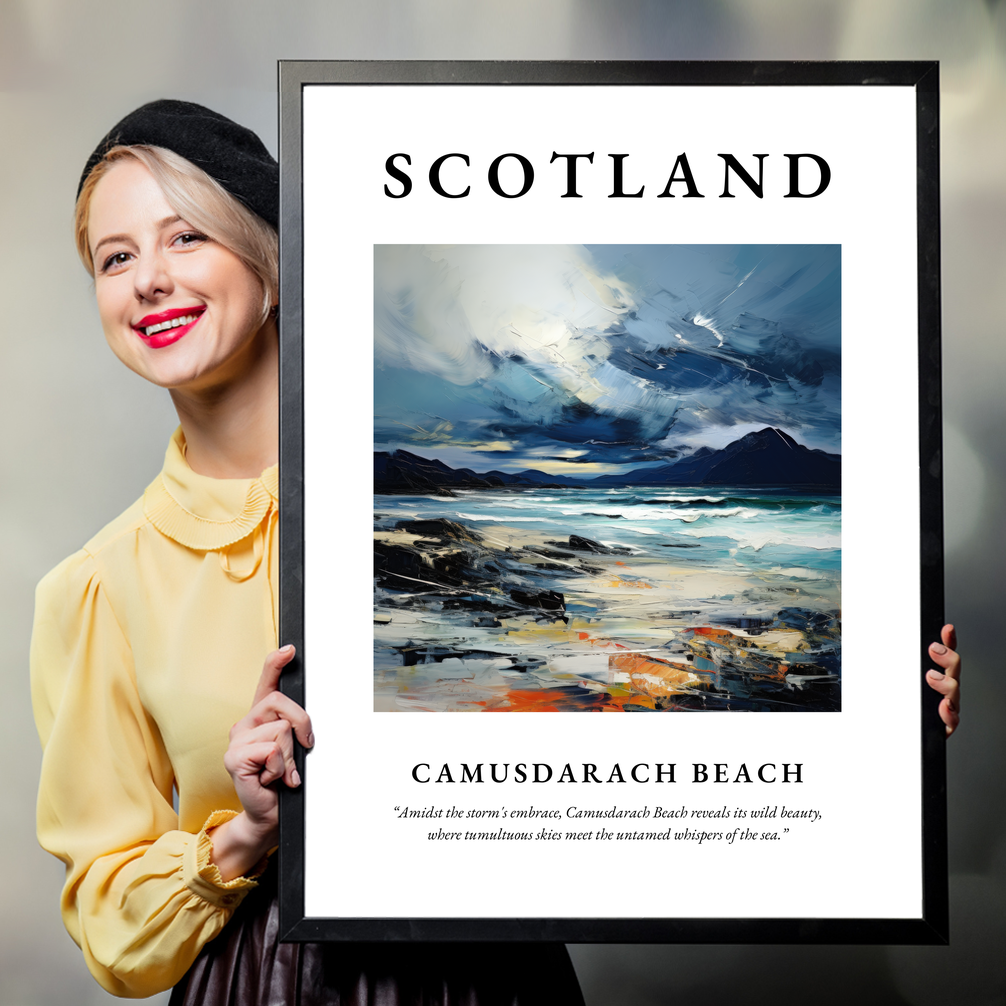 Person holding a poster of Camusdarach Beach