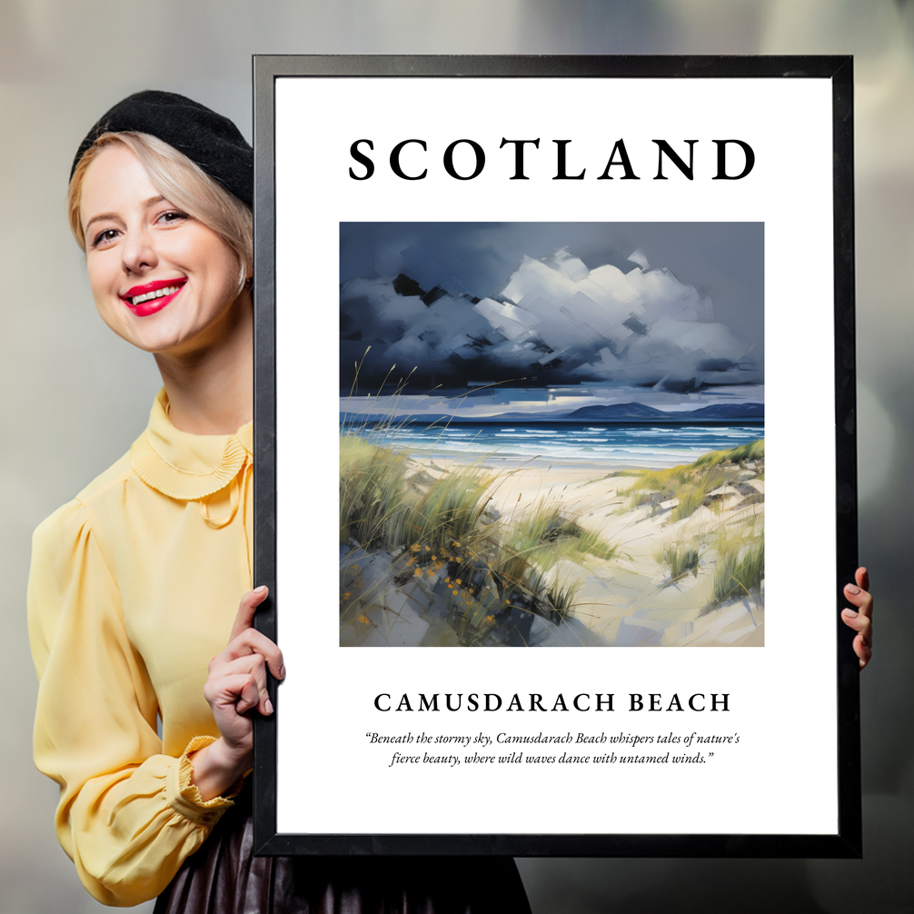 Person holding a poster of Camusdarach Beach