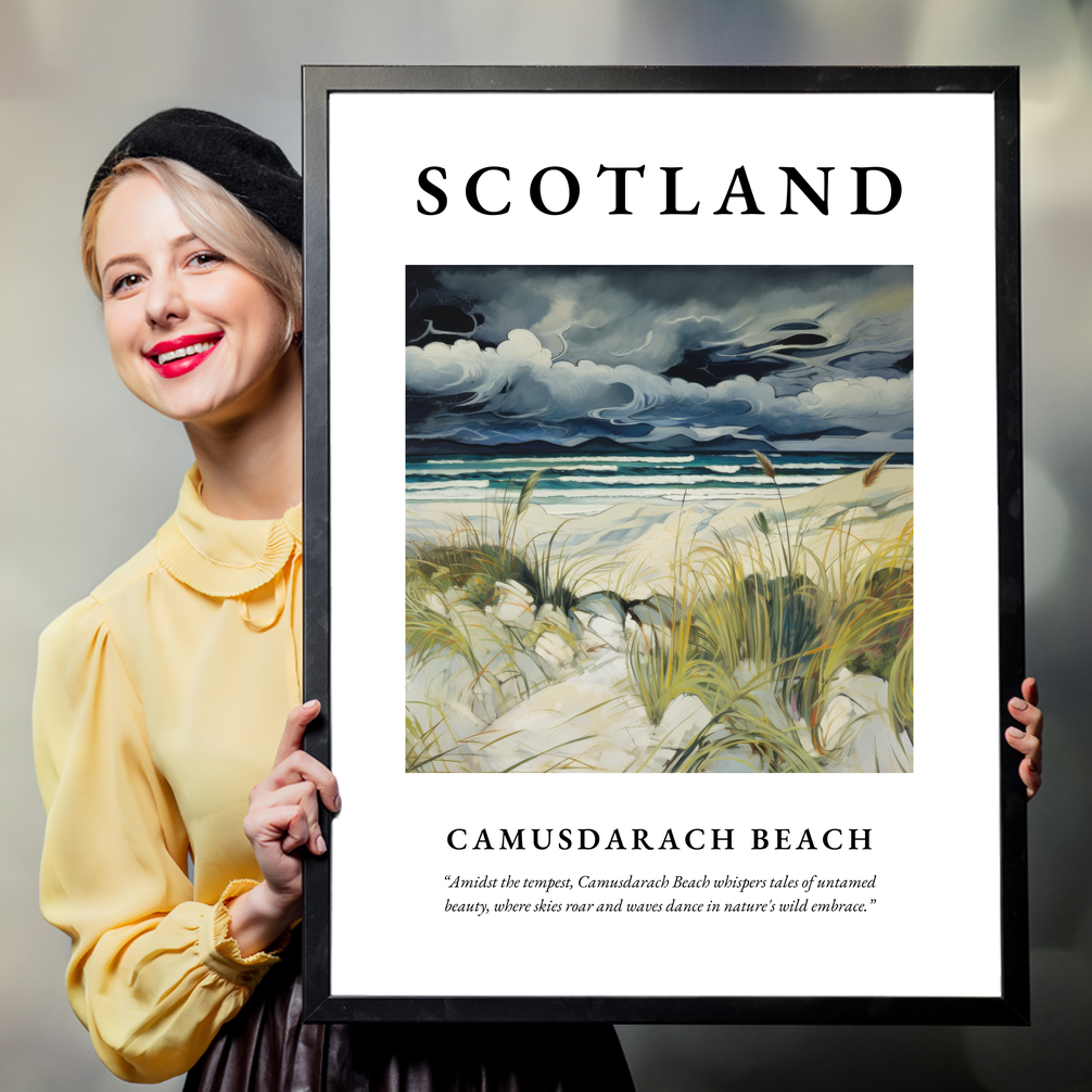 Person holding a poster of Camusdarach Beach