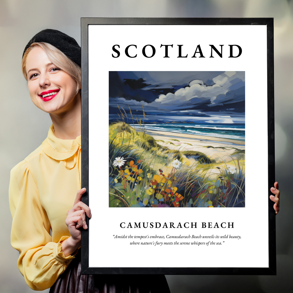 Person holding a poster of Camusdarach Beach