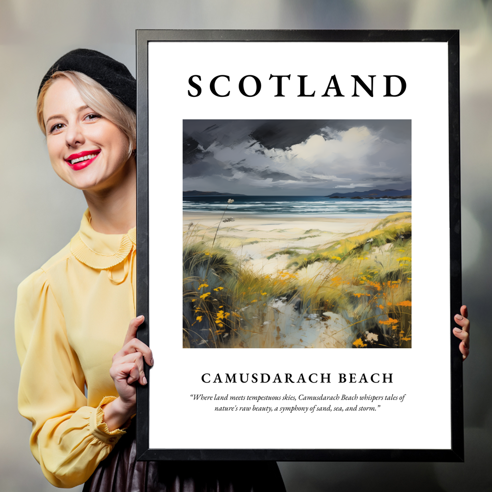 Person holding a poster of Camusdarach Beach