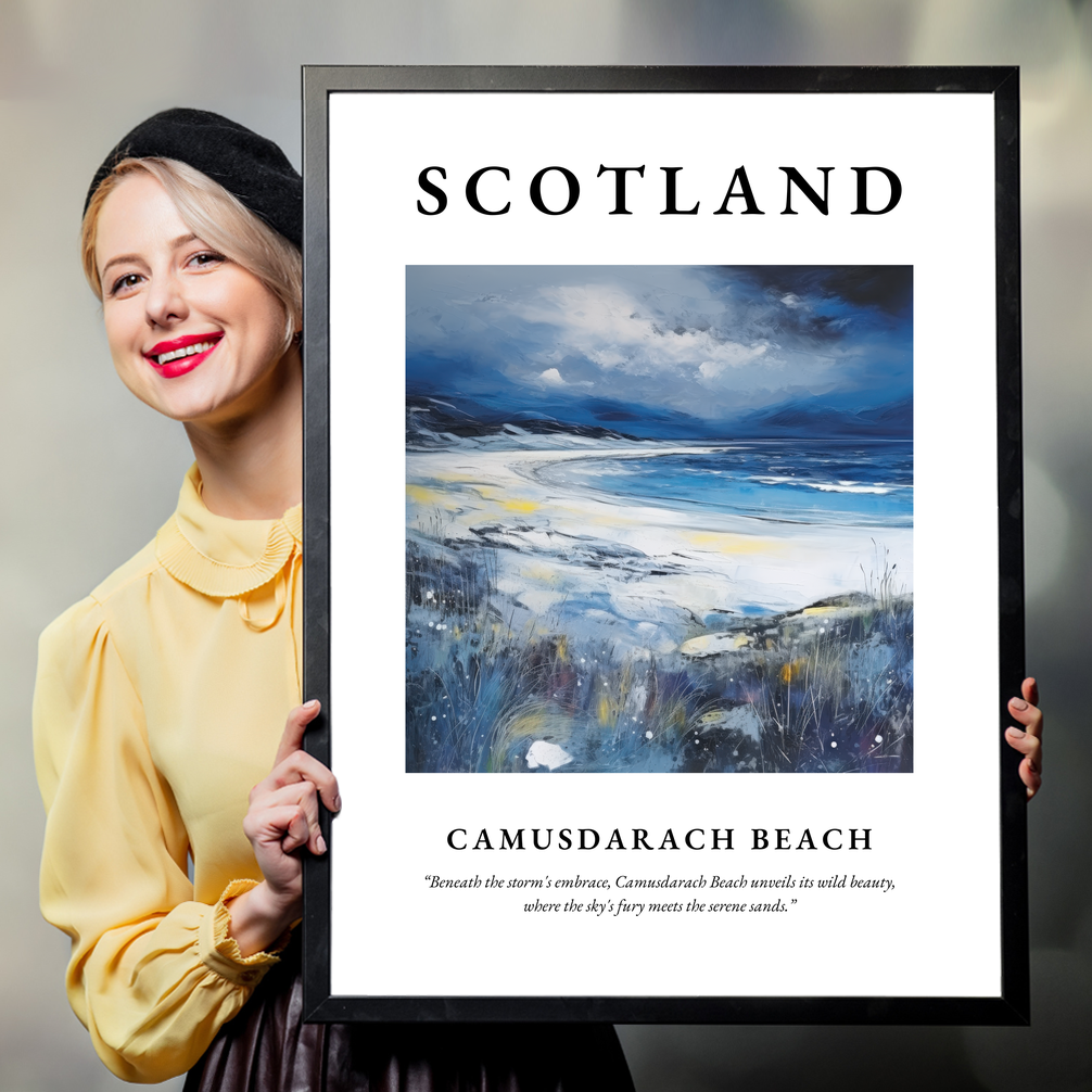 Person holding a poster of Camusdarach Beach