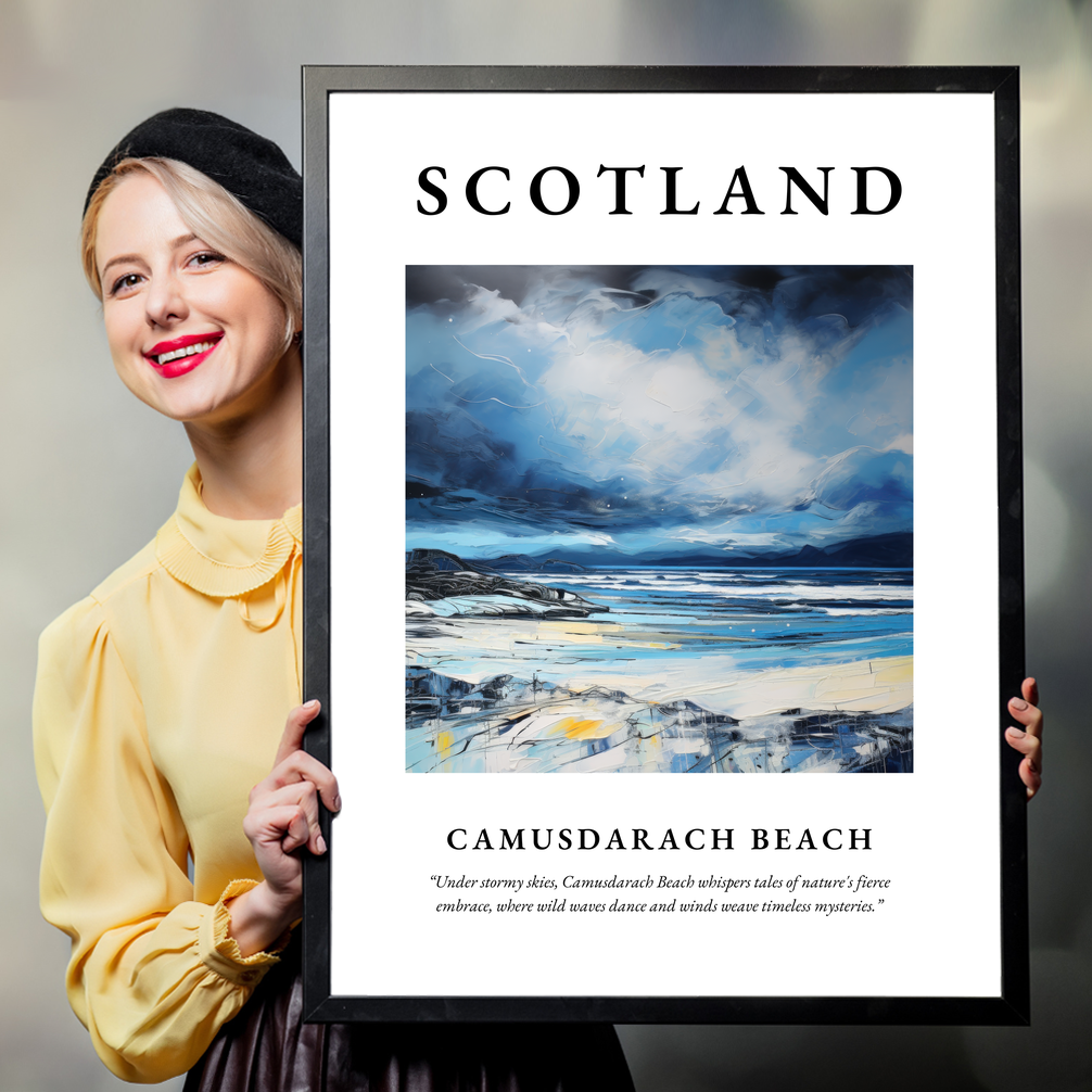 Person holding a poster of Camusdarach Beach