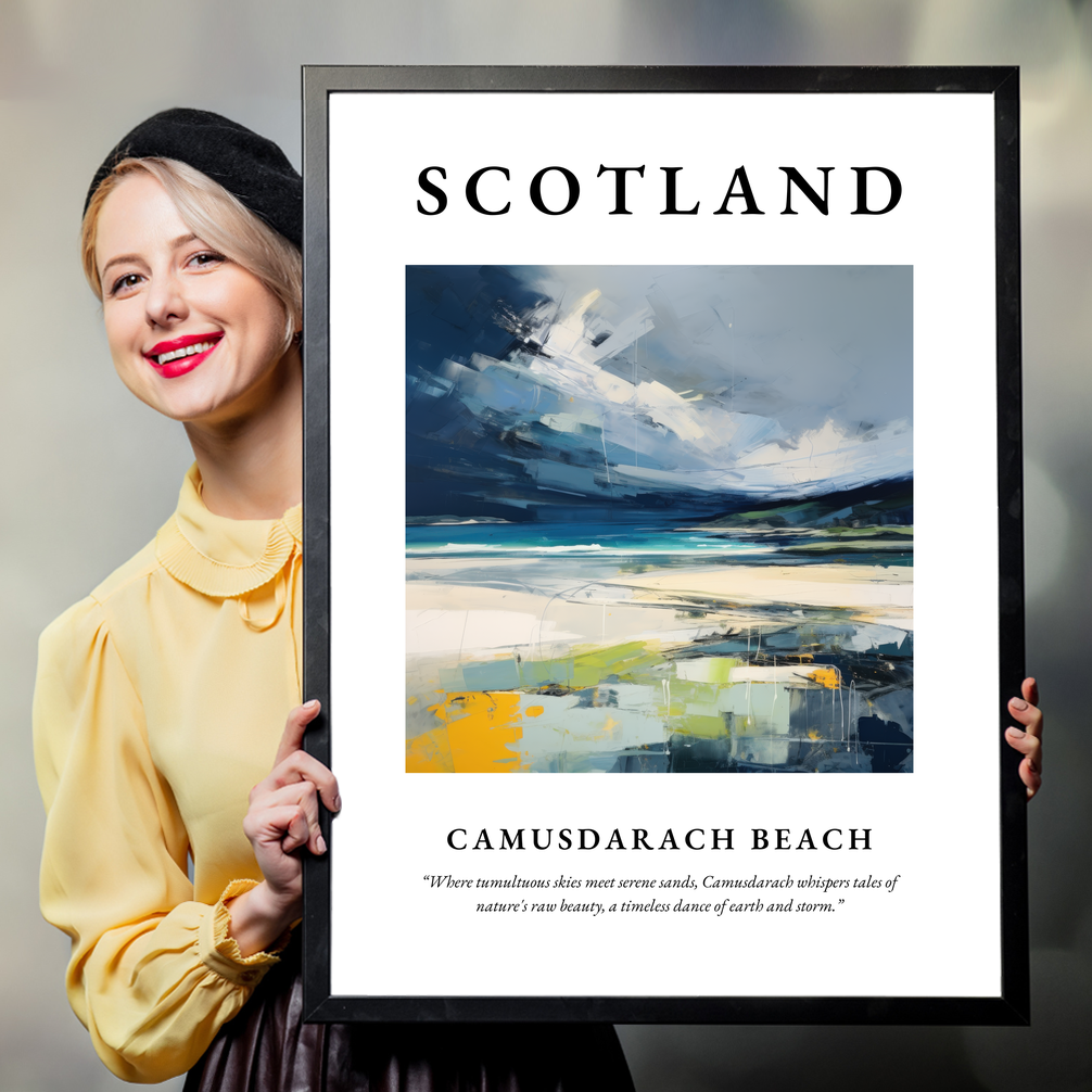 Person holding a poster of Camusdarach Beach