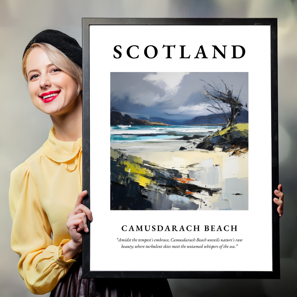 Person holding a poster of Camusdarach Beach