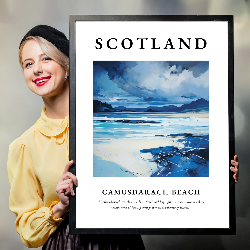 Person holding a poster of Camusdarach Beach