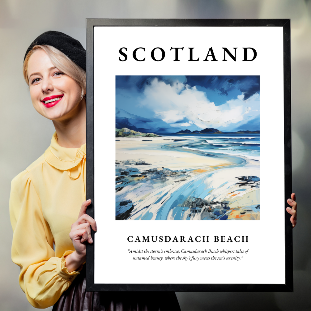 Person holding a poster of Camusdarach Beach