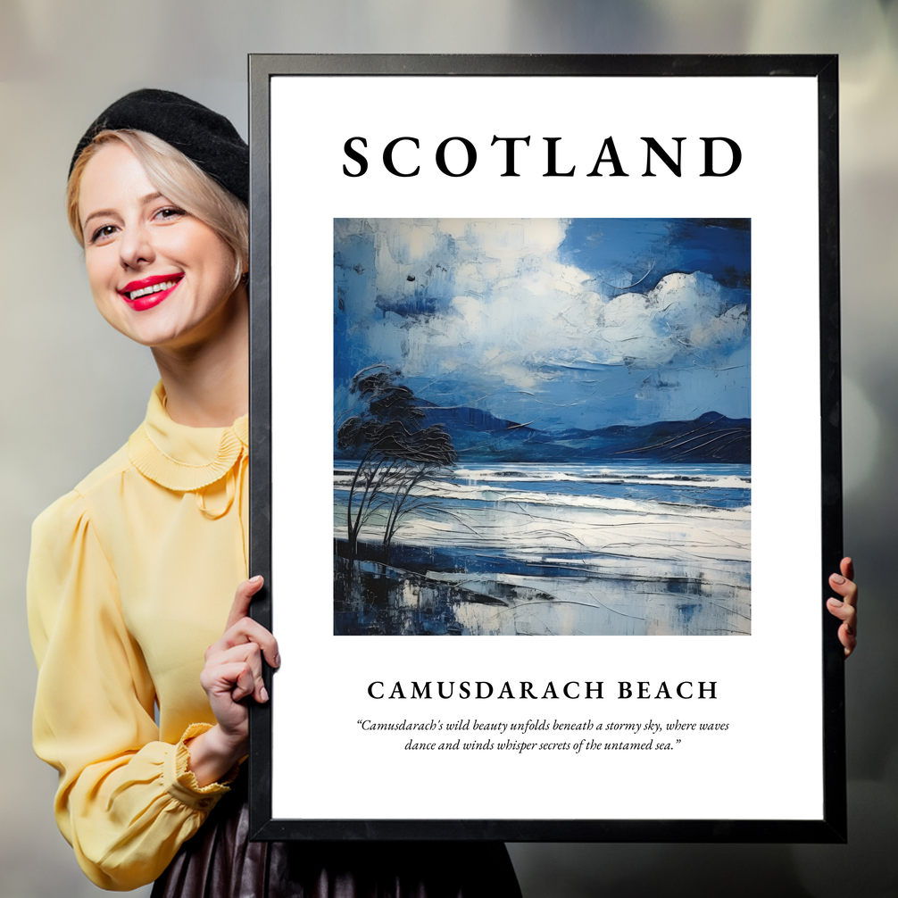 Person holding a poster of Camusdarach Beach