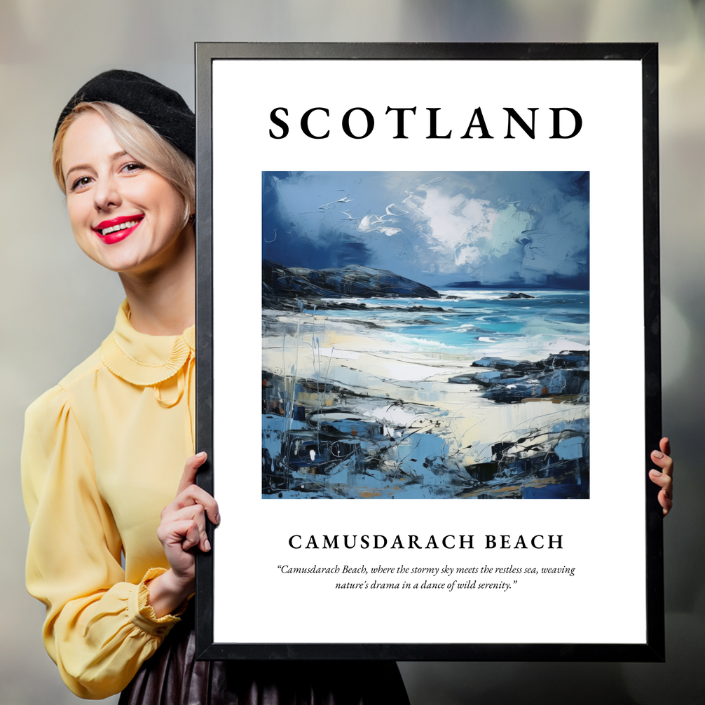 Person holding a poster of Camusdarach Beach