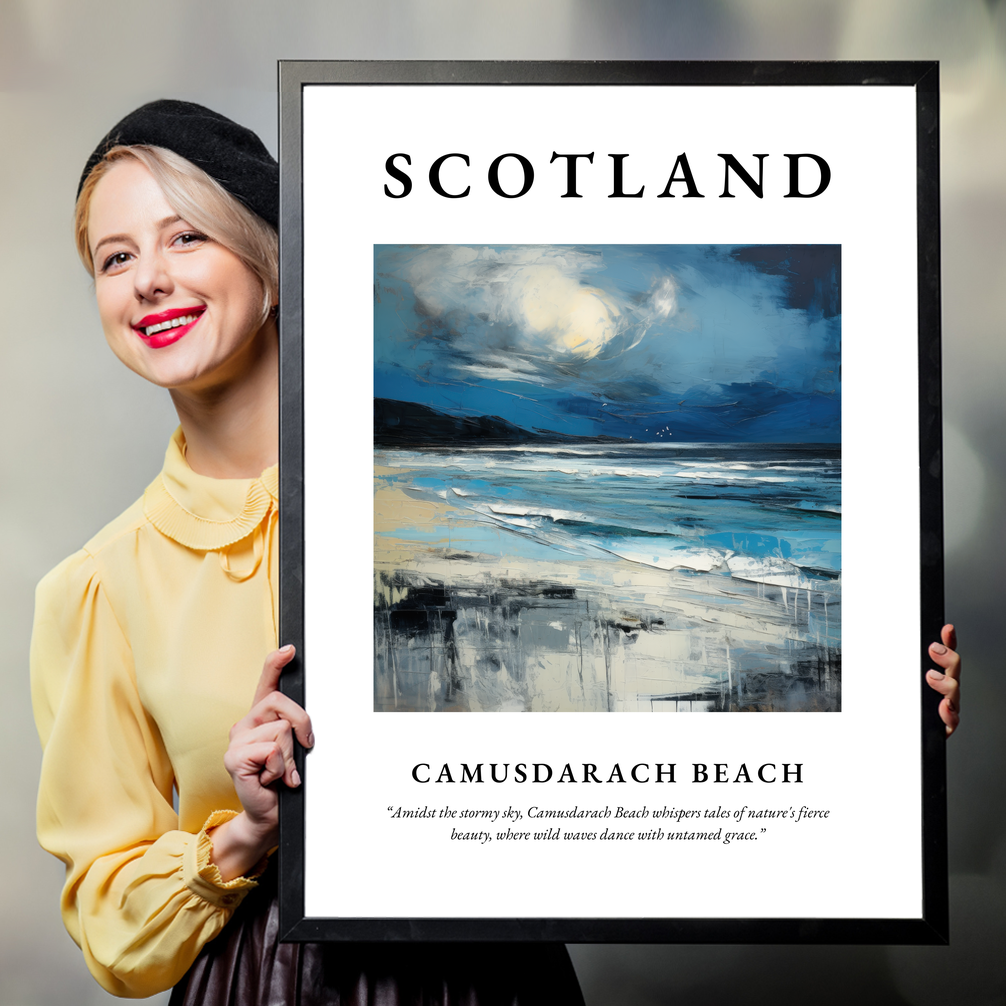 Person holding a poster of Camusdarach Beach