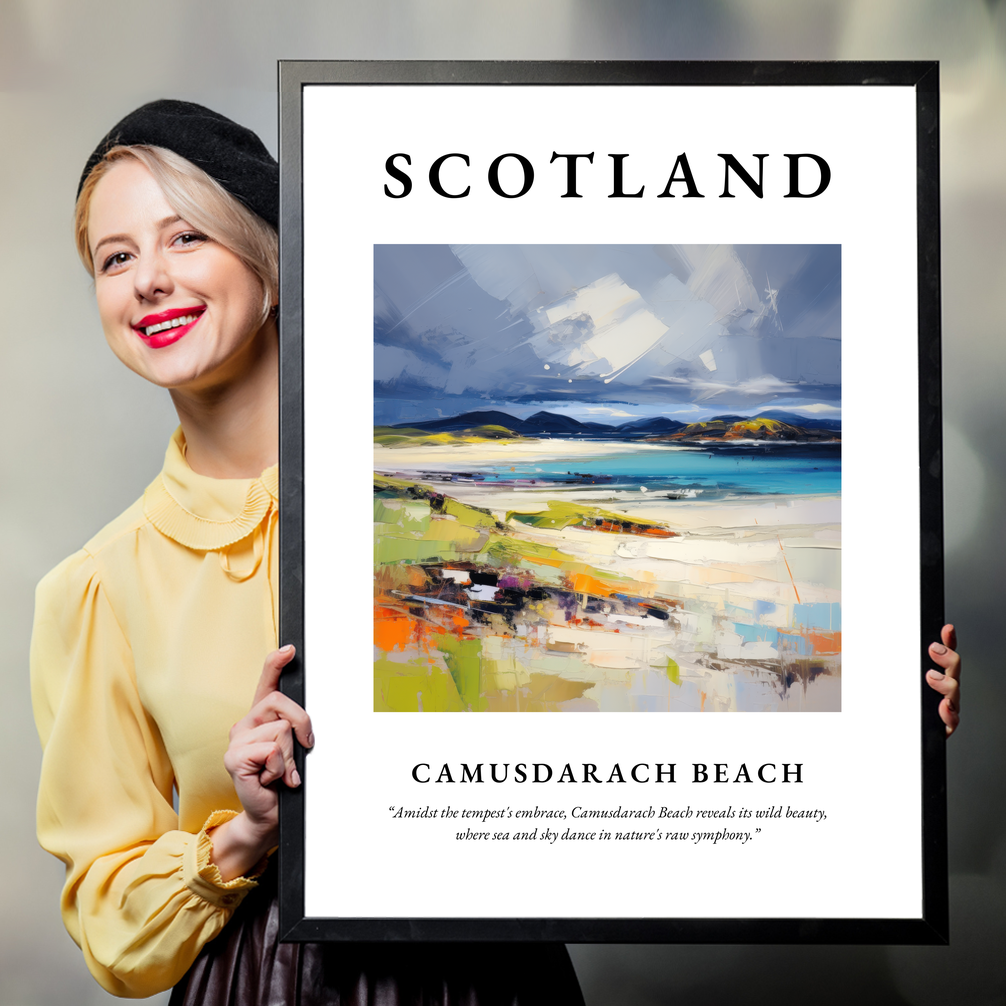 Person holding a poster of Camusdarach Beach