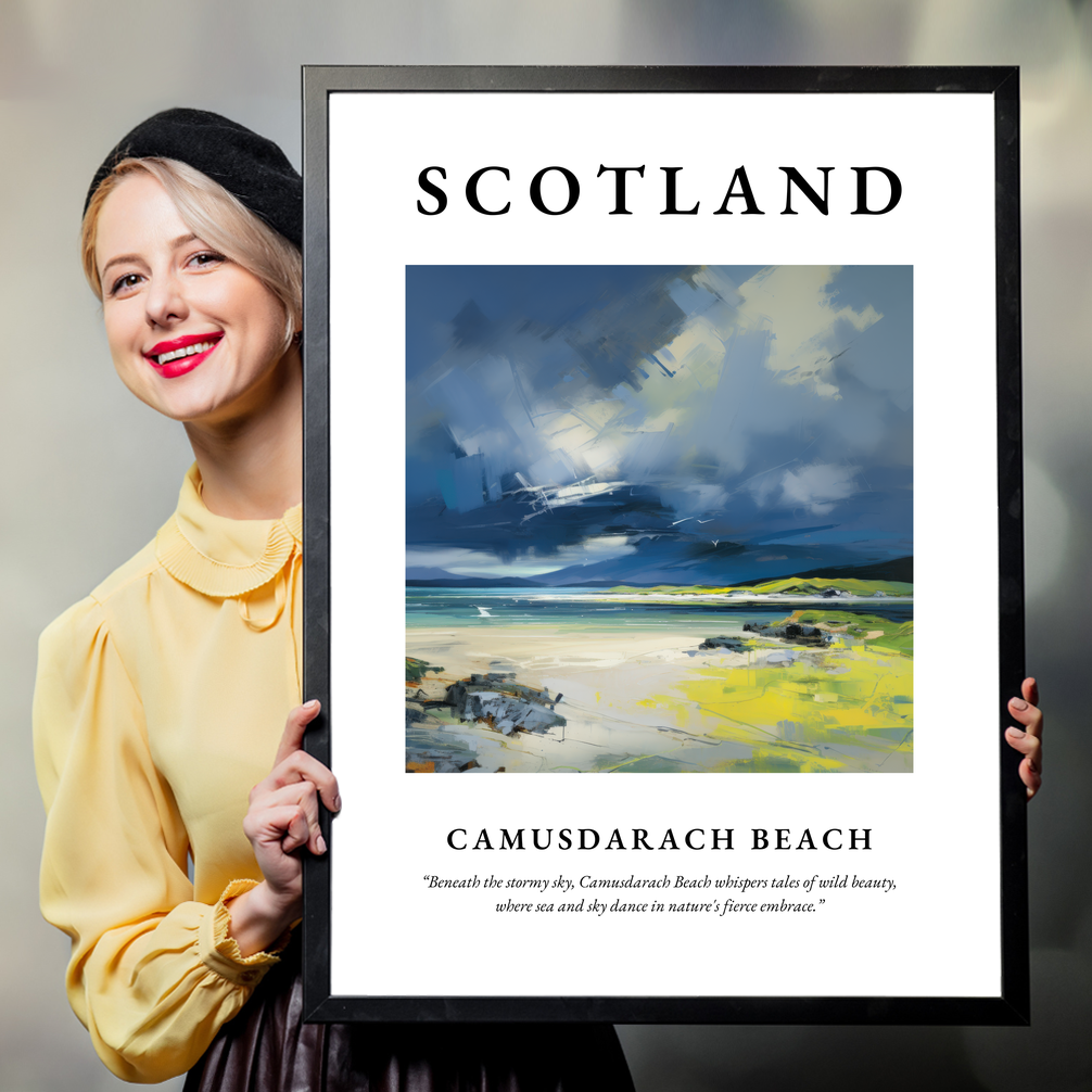 Person holding a poster of Camusdarach Beach