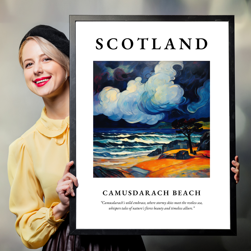 Person holding a poster of Camusdarach Beach