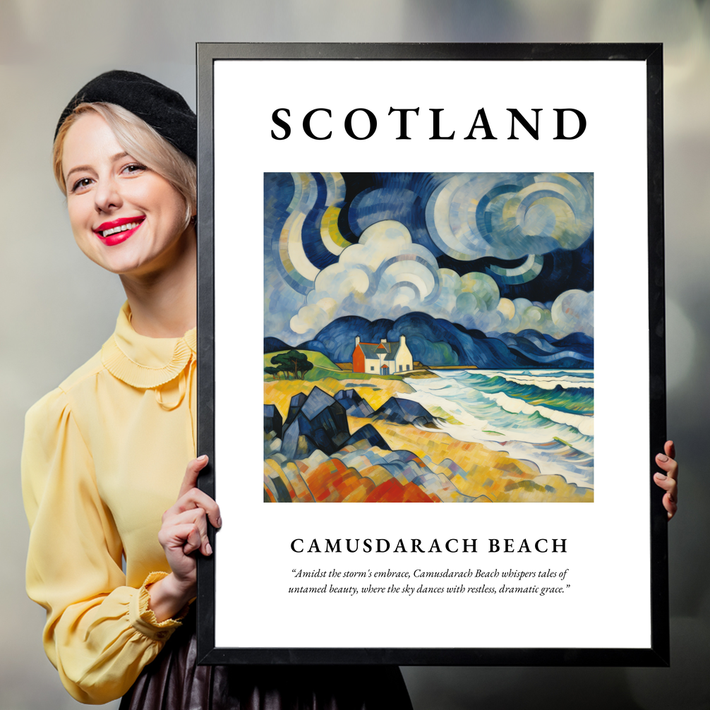 Person holding a poster of Camusdarach Beach