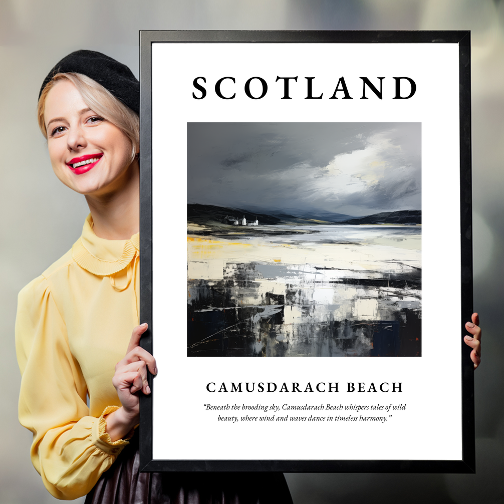 Person holding a poster of Camusdarach Beach