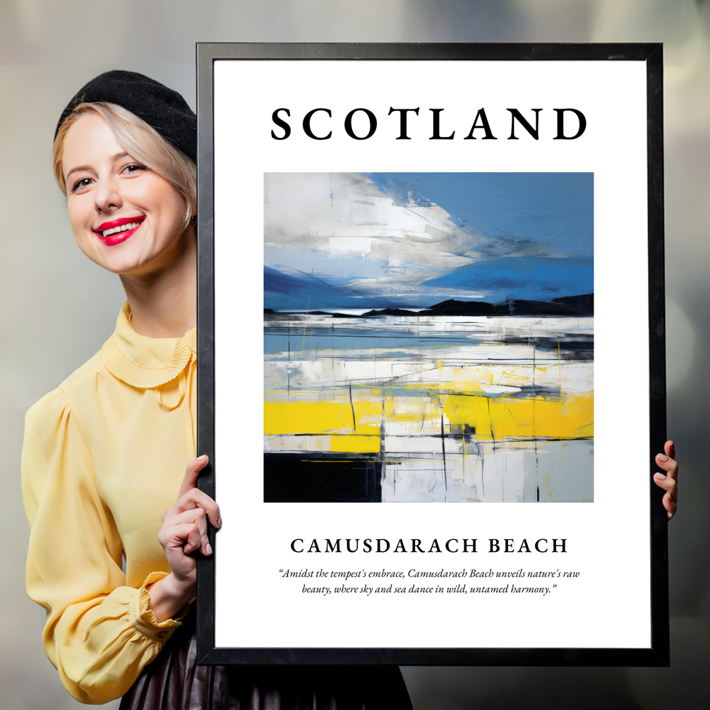 Person holding a poster of Camusdarach Beach