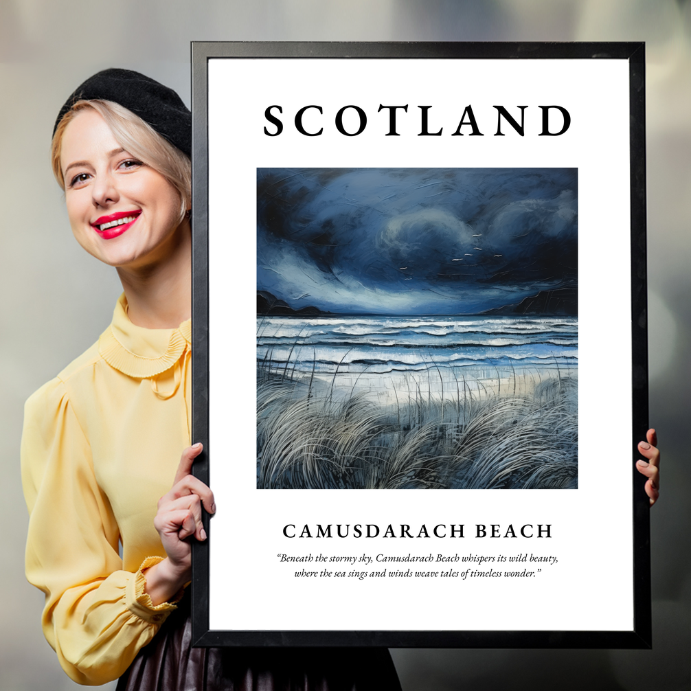 Person holding a poster of Camusdarach Beach