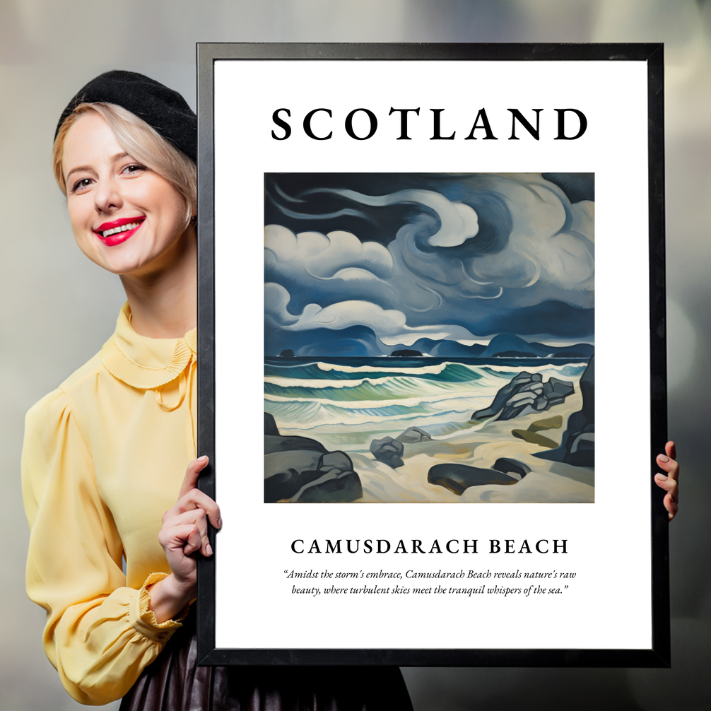 Person holding a poster of Camusdarach Beach