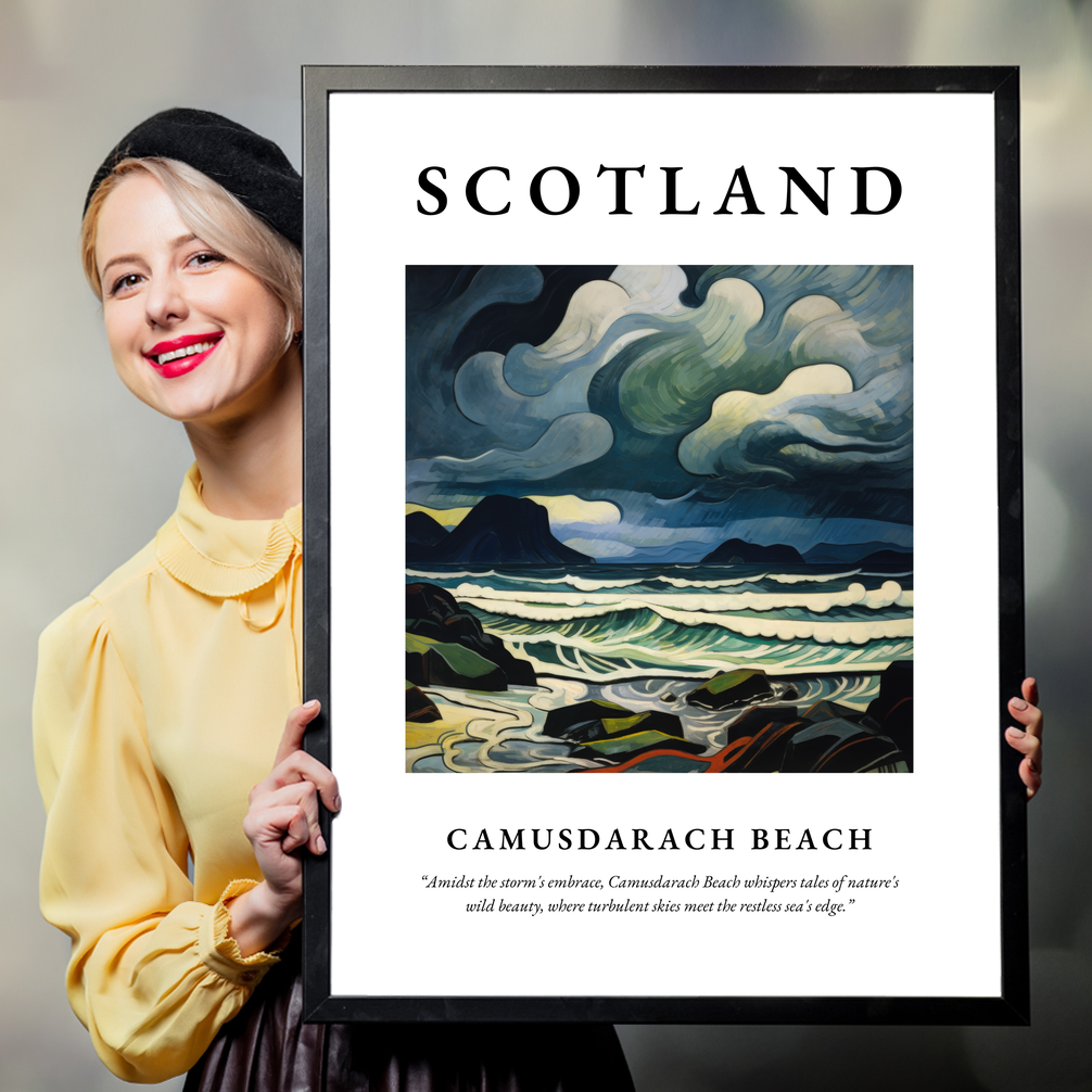 Person holding a poster of Camusdarach Beach