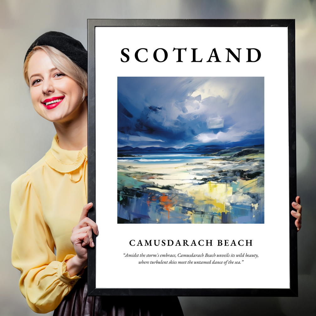 Person holding a poster of Camusdarach Beach