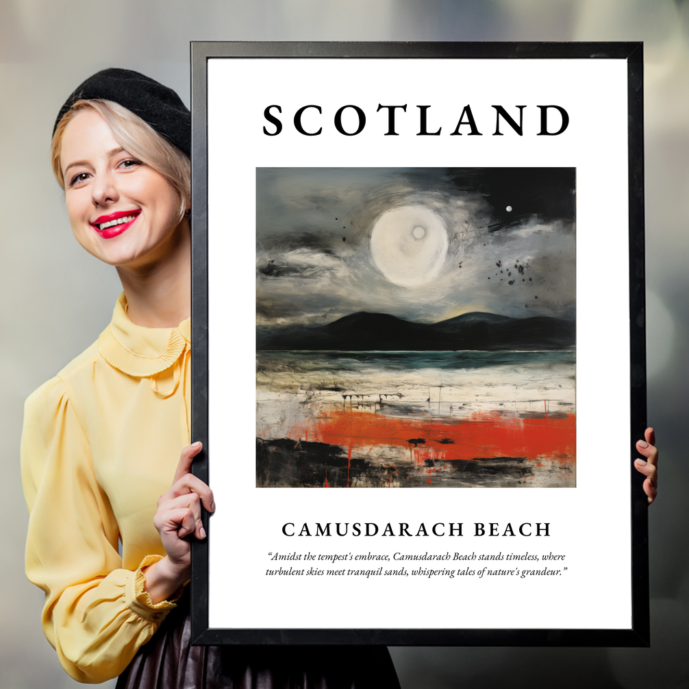 Person holding a poster of Camusdarach Beach