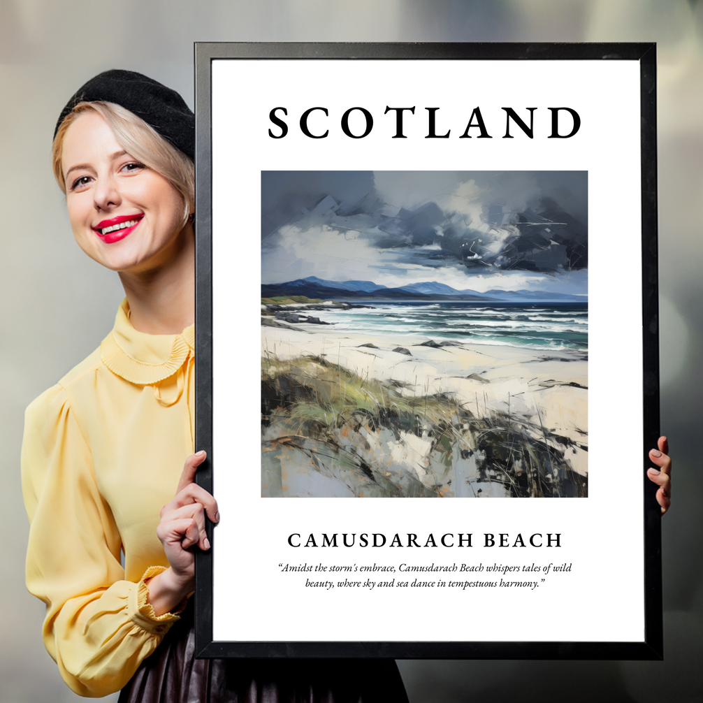 Person holding a poster of Camusdarach Beach