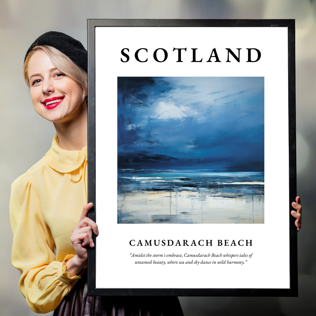 Person holding a poster of Camusdarach Beach