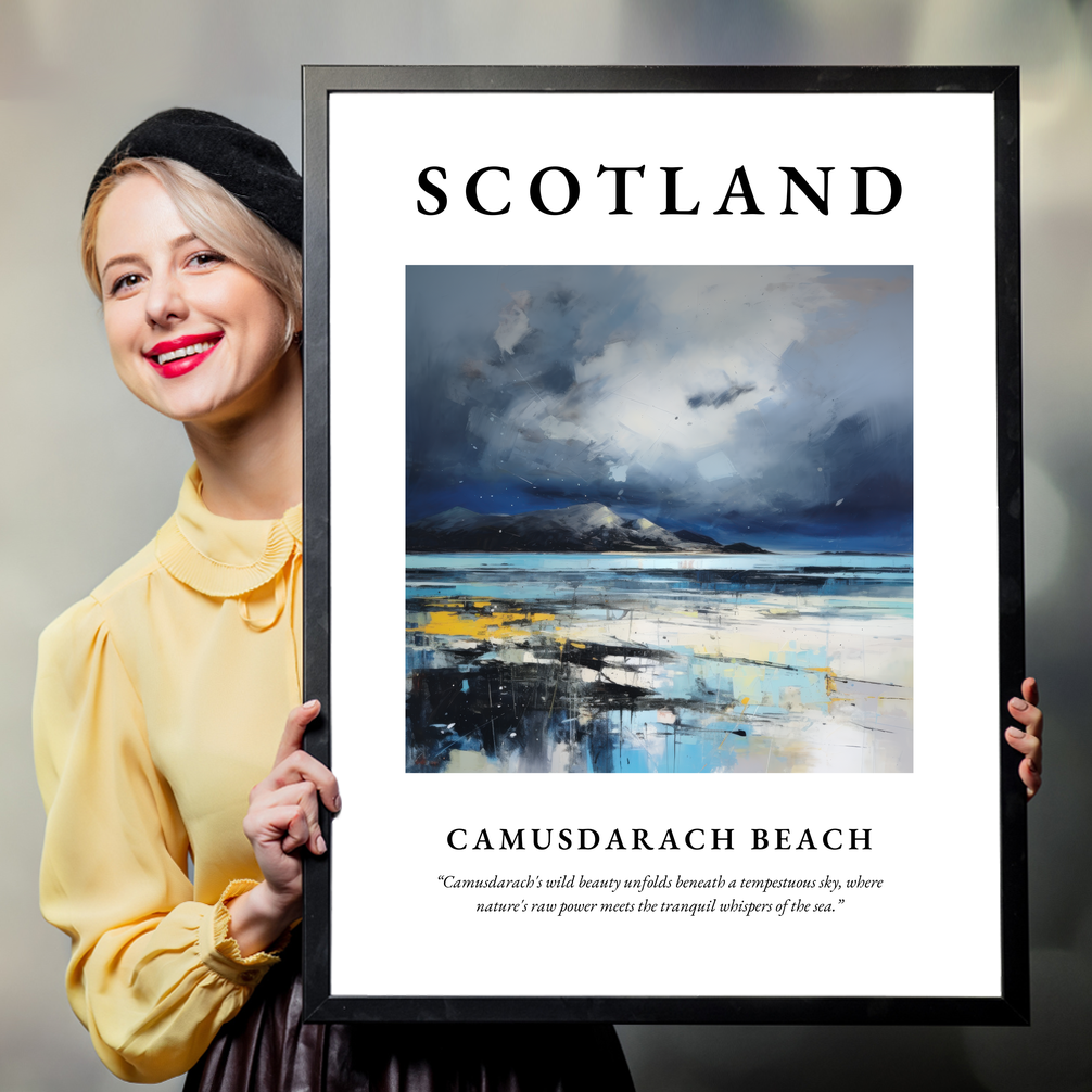 Person holding a poster of Camusdarach Beach