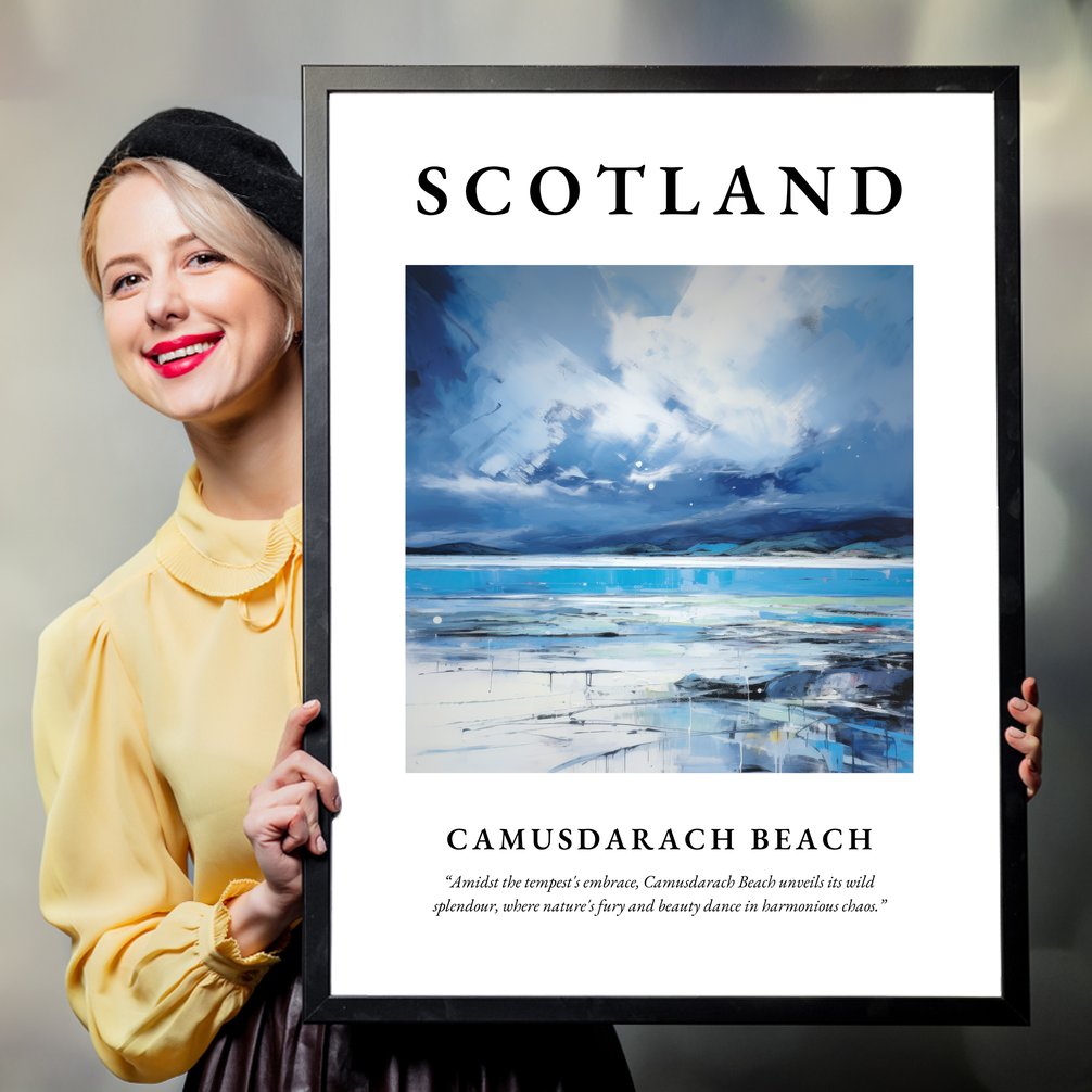 Person holding a poster of Camusdarach Beach