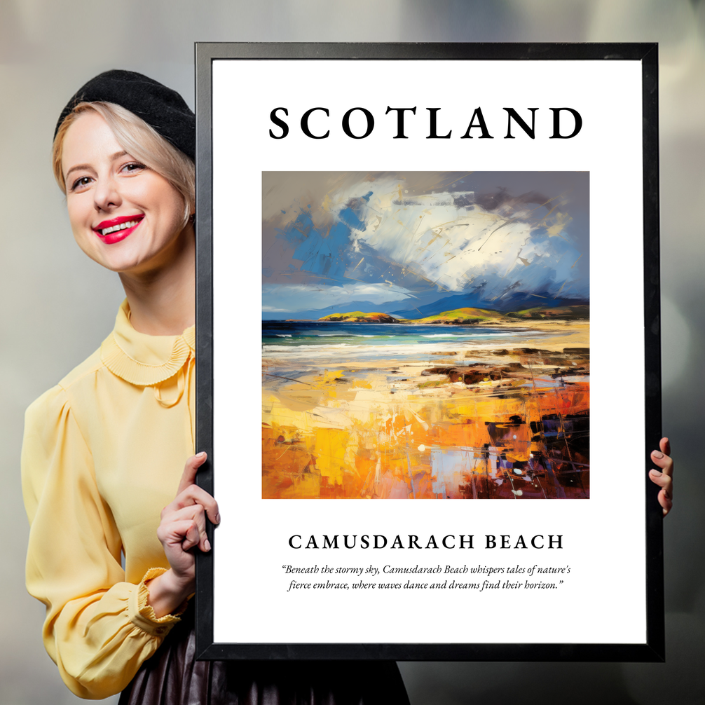 Person holding a poster of Camusdarach Beach