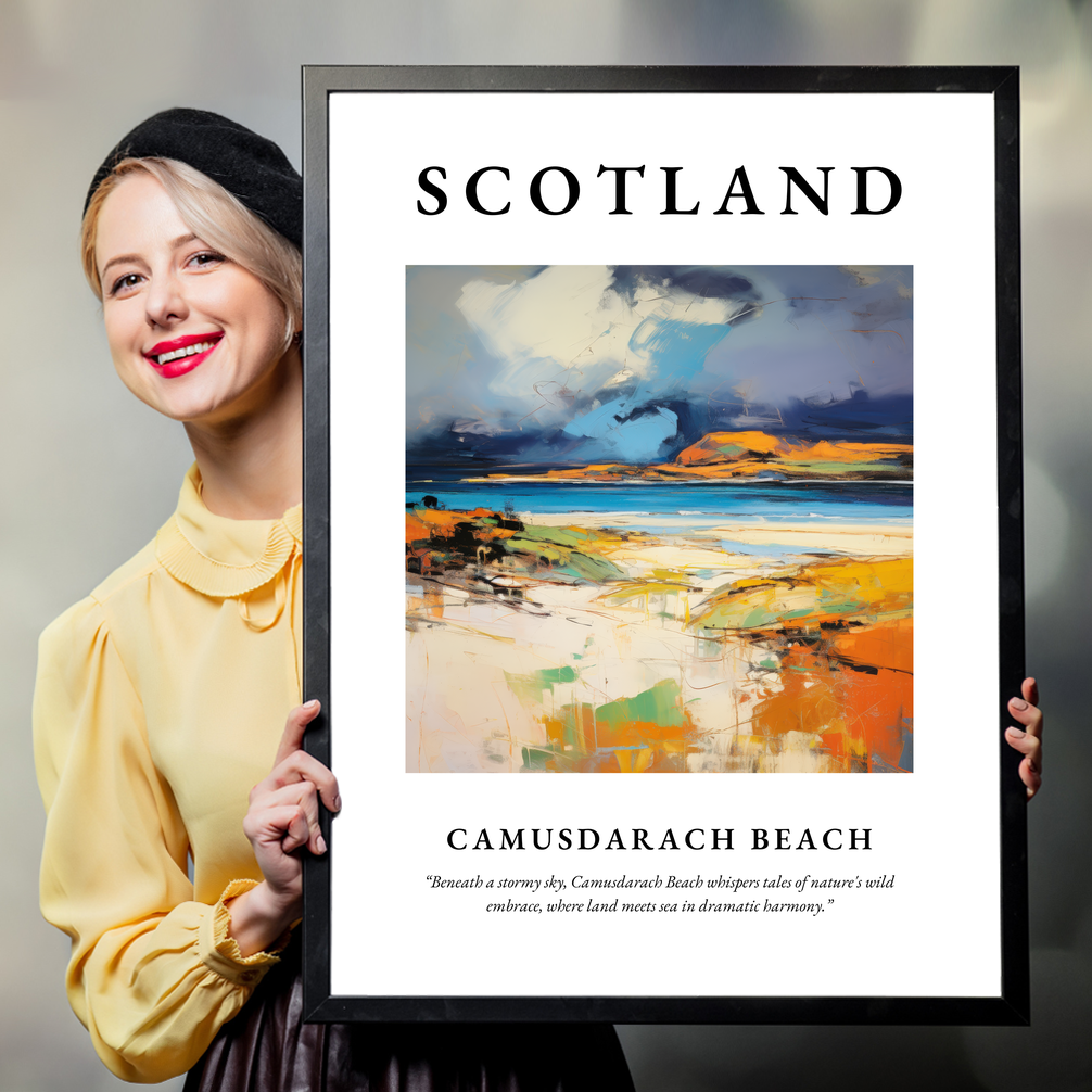 Person holding a poster of Camusdarach Beach