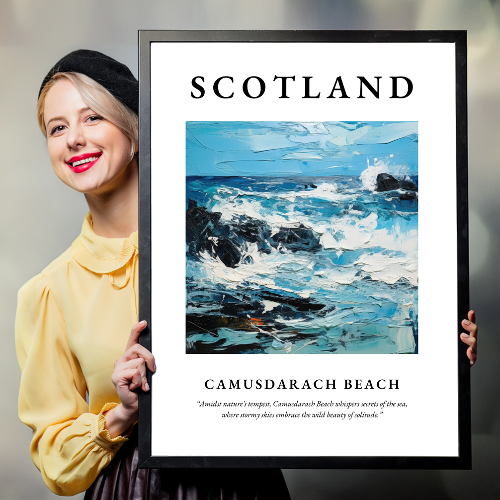 Person holding a poster of Camusdarach Beach