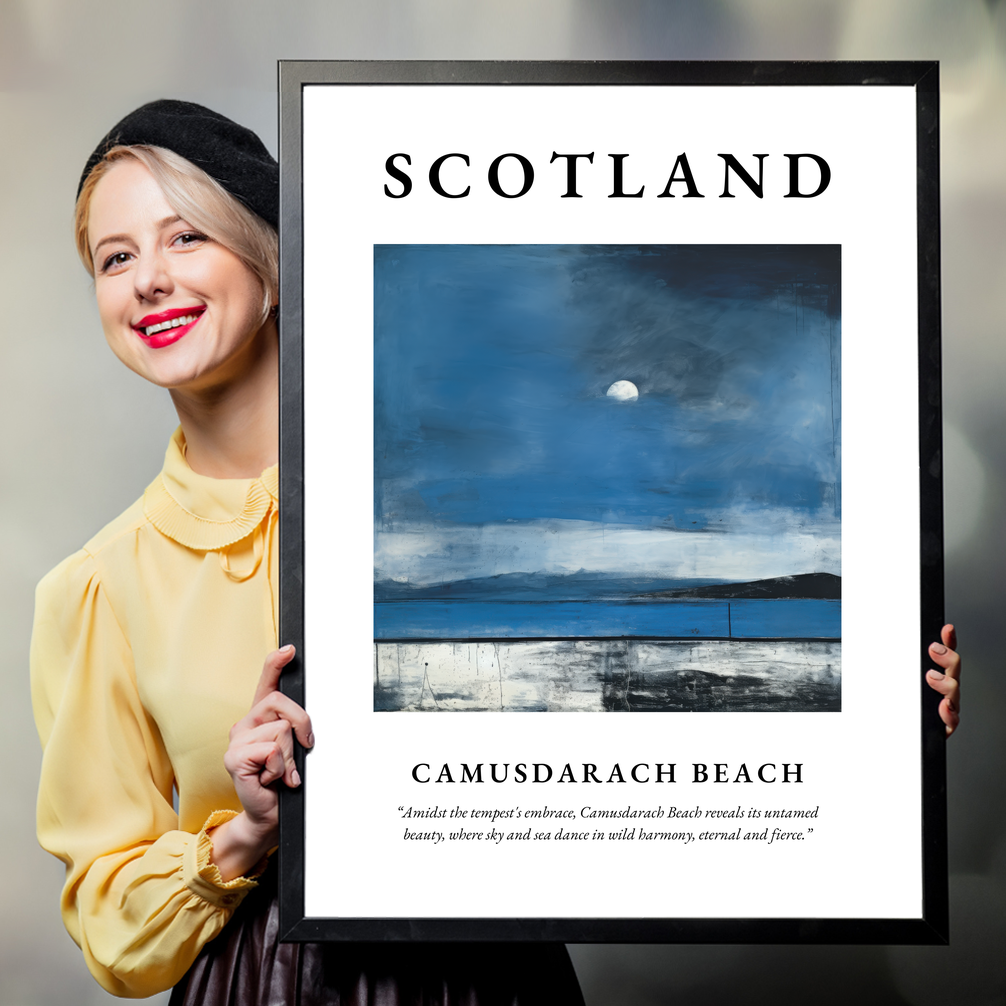 Person holding a poster of Camusdarach Beach