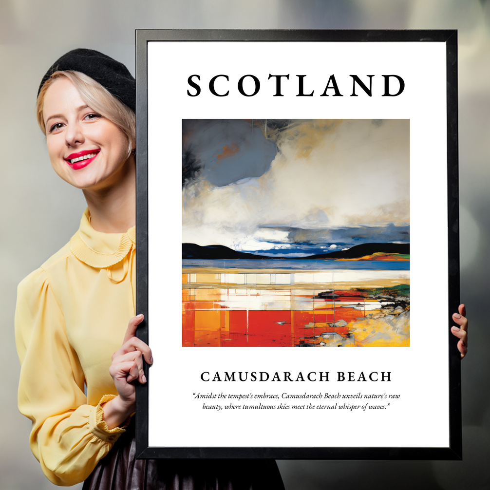 Person holding a poster of Camusdarach Beach