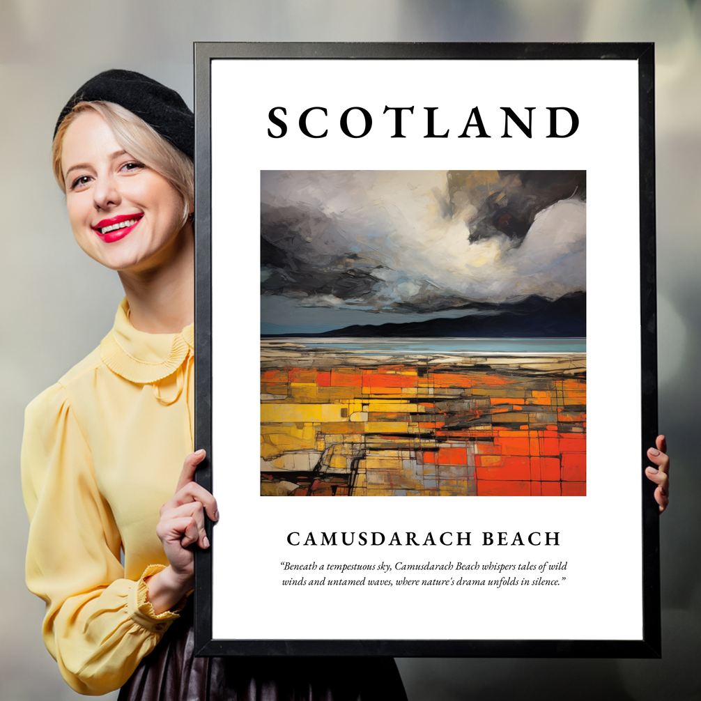 Person holding a poster of Camusdarach Beach