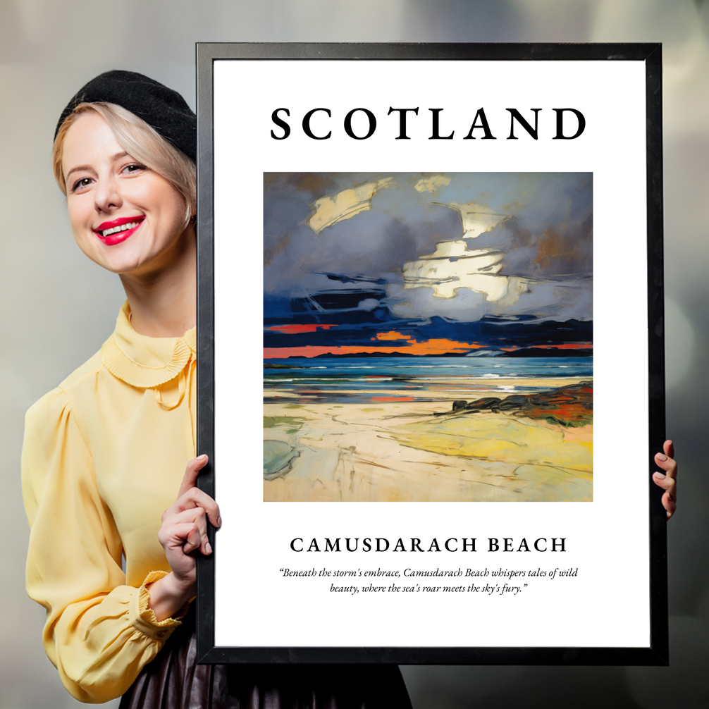 Person holding a poster of Camusdarach Beach