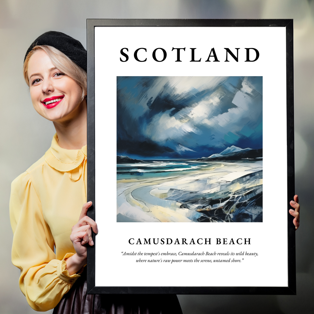 Person holding a poster of Camusdarach Beach