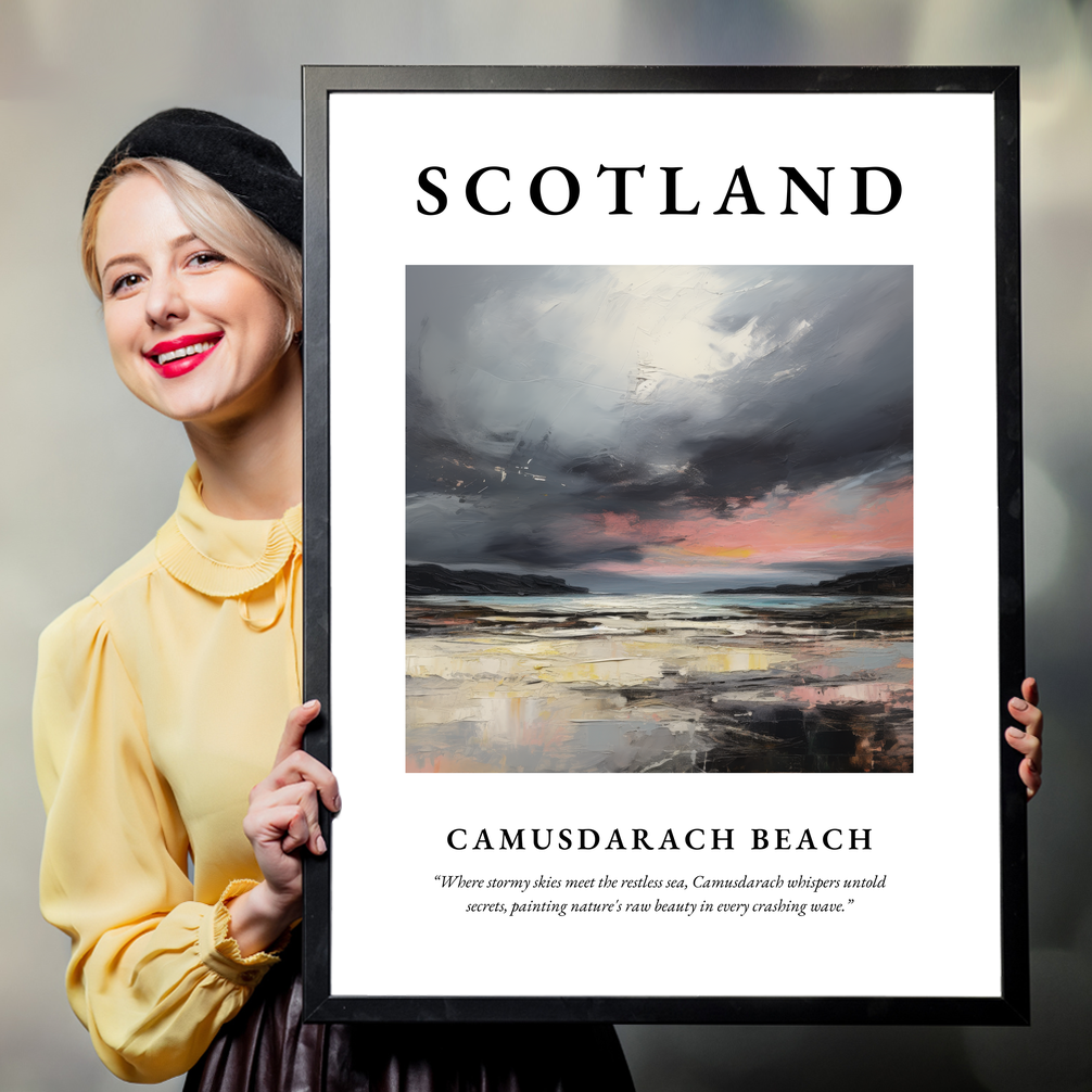 Person holding a poster of Camusdarach Beach