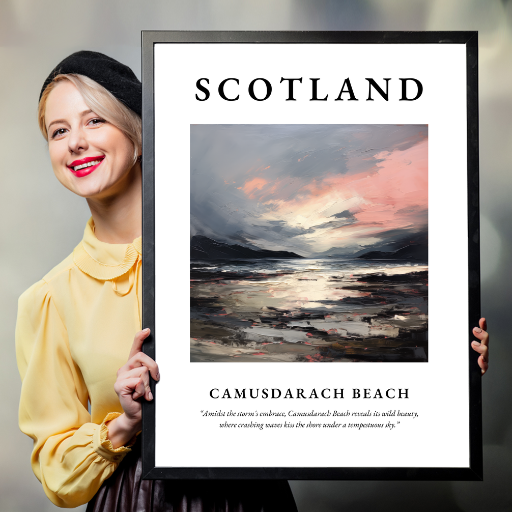 Person holding a poster of Camusdarach Beach