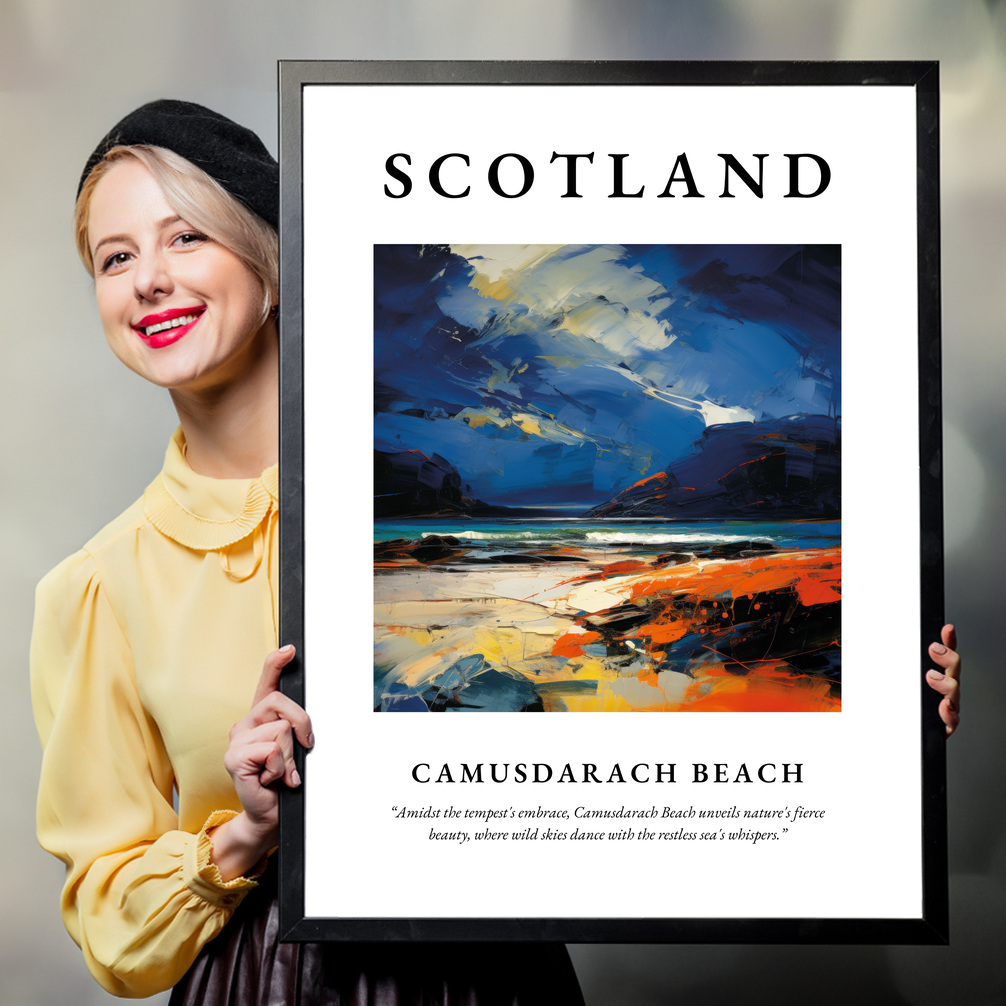 Person holding a poster of Camusdarach Beach