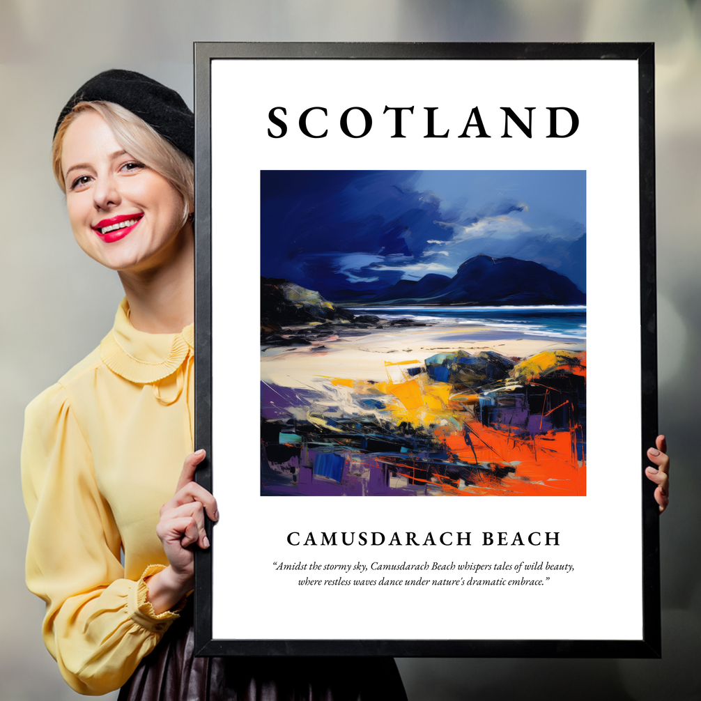 Person holding a poster of Camusdarach Beach