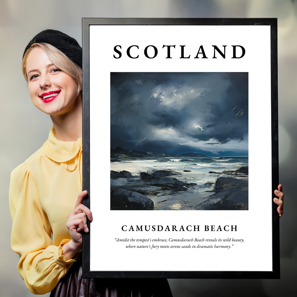 Person holding a poster of Camusdarach Beach