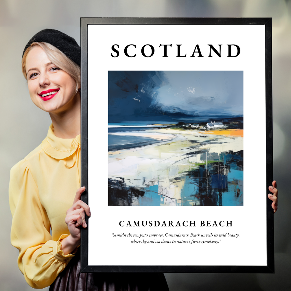 Person holding a poster of Camusdarach Beach