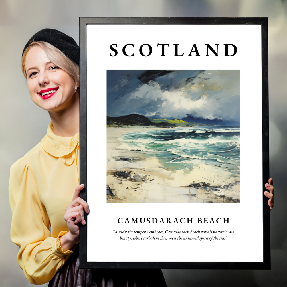 Person holding a poster of Camusdarach Beach