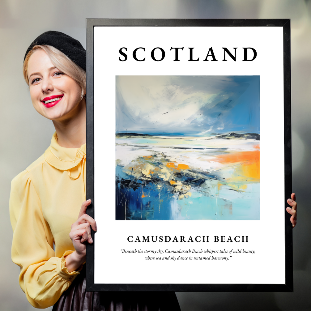 Person holding a poster of Camusdarach Beach