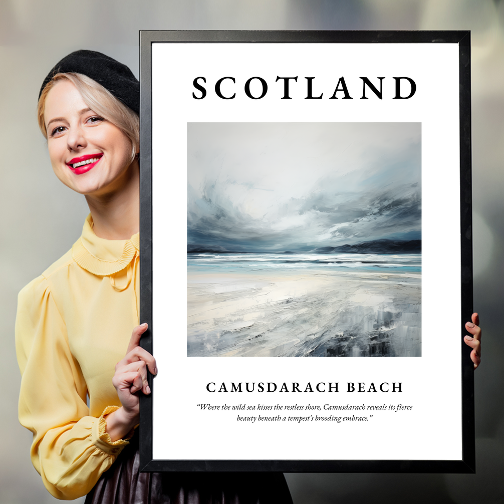 Person holding a poster of Camusdarach Beach