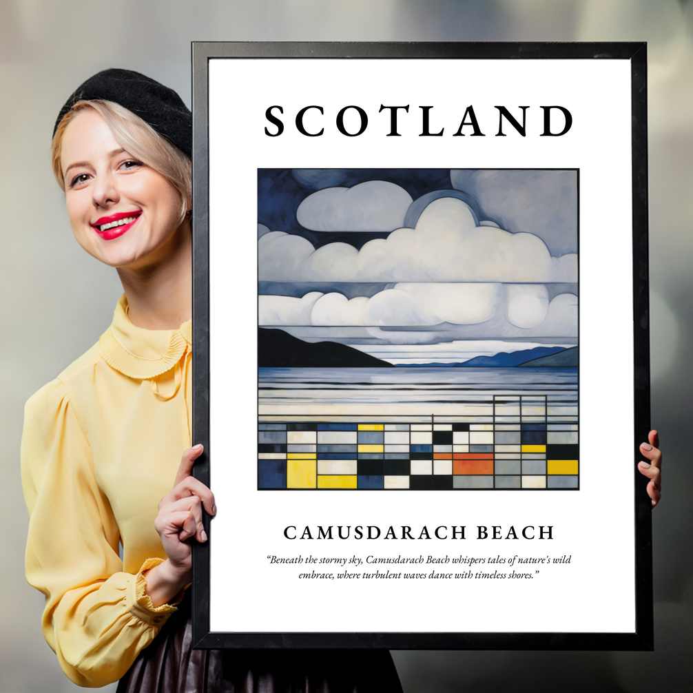 Person holding a poster of Camusdarach Beach