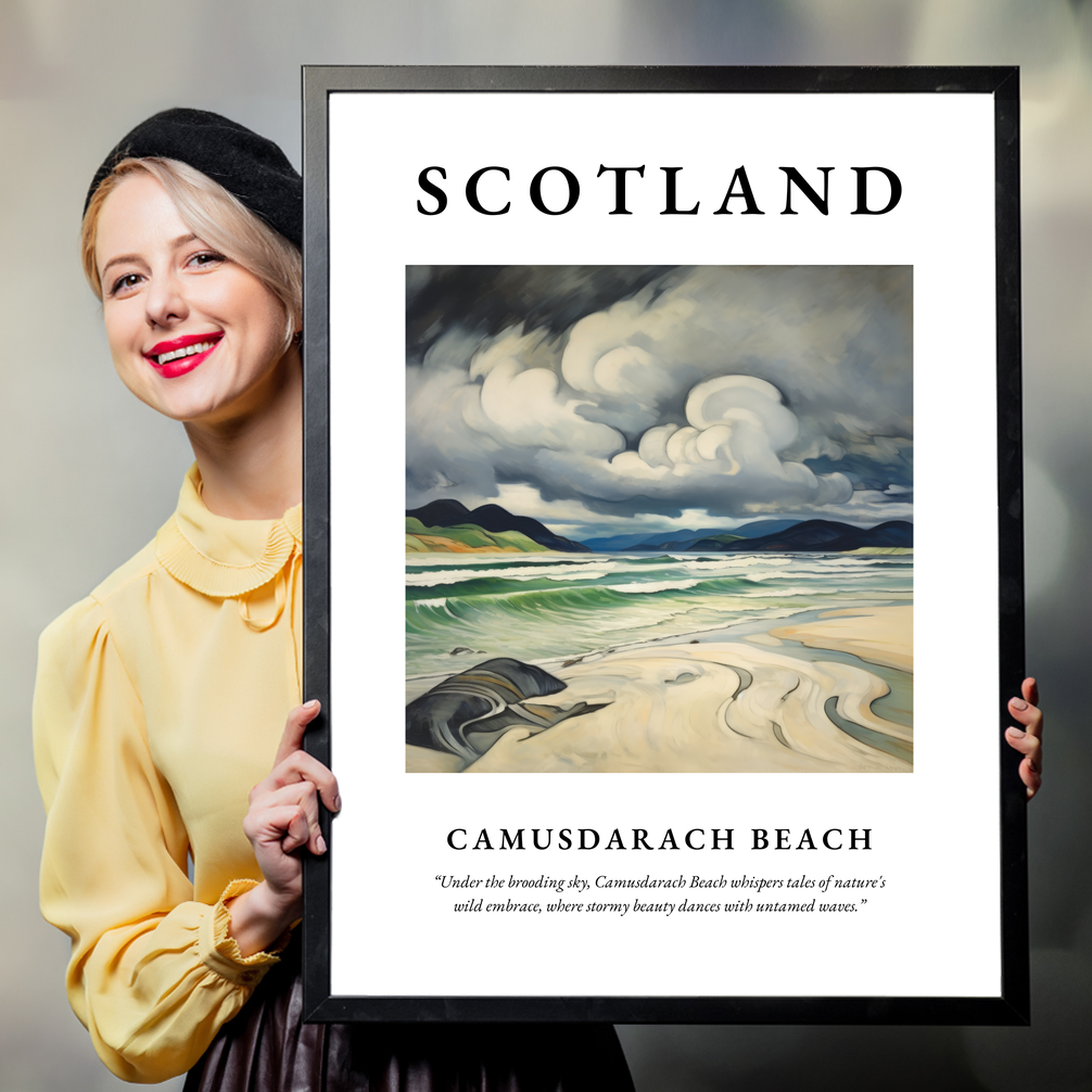 Person holding a poster of Camusdarach Beach