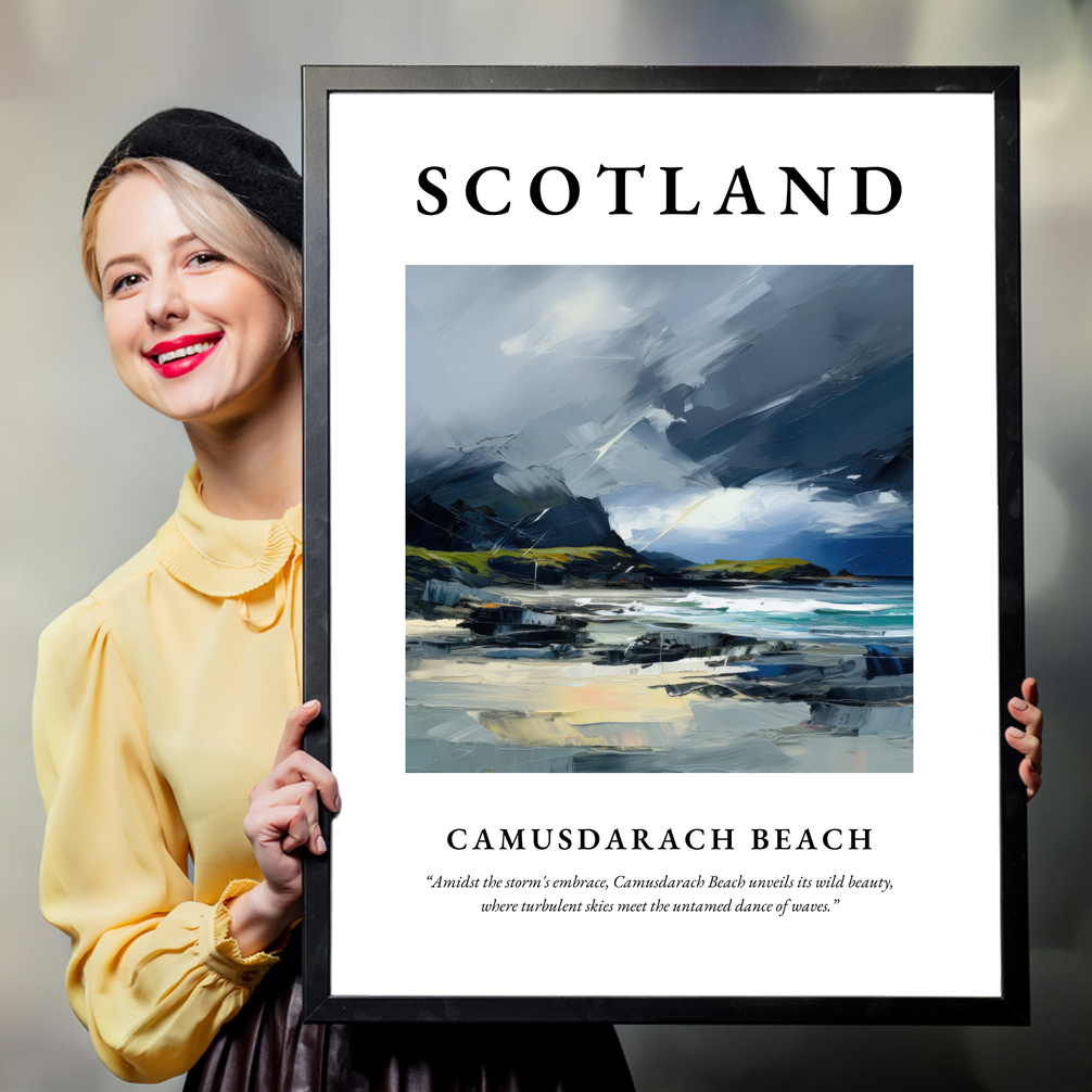 Person holding a poster of Camusdarach Beach